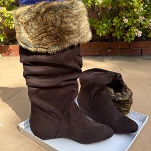 Y2K Report Brown Faux Fur Women's Wedge Boots with box